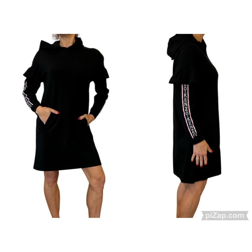 KENZO Girl's 14 Women's XS Sweatshirt Dress Black Ruffle Long sleeves Logo Hood